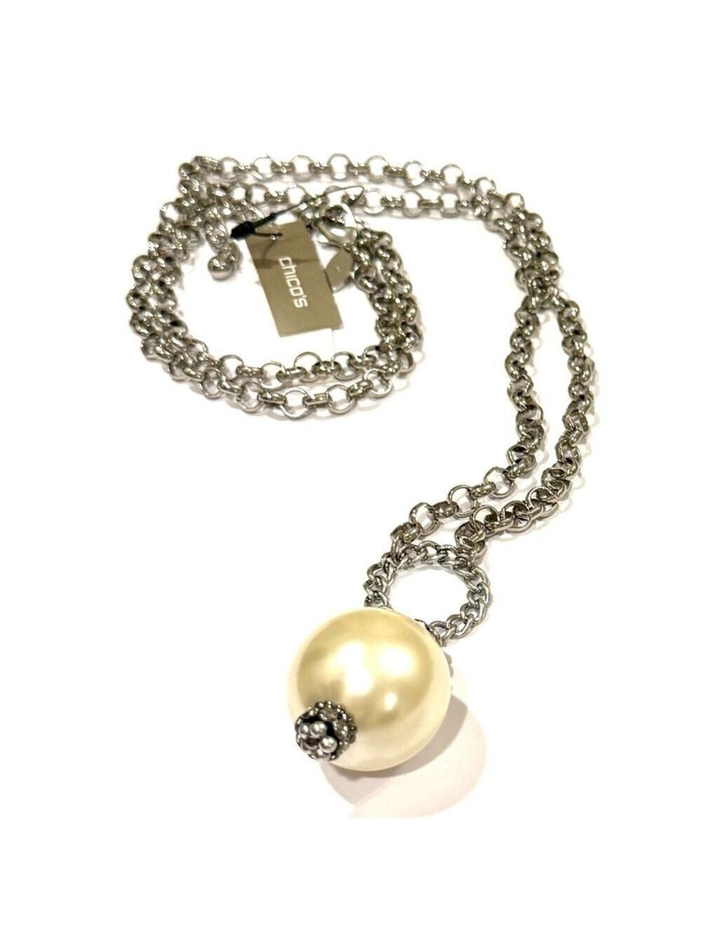CHICO'S Silver-Tone Long Pearl Pendant Necklace NWT